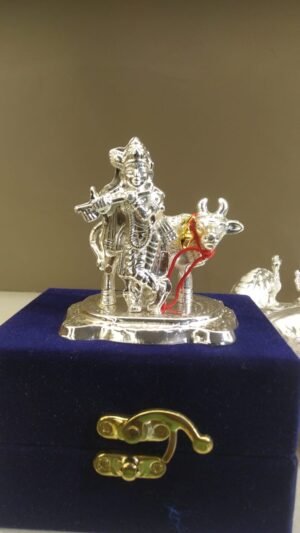 New Cow Krishna with Box – Silver Krishna Cow Decorative Idol