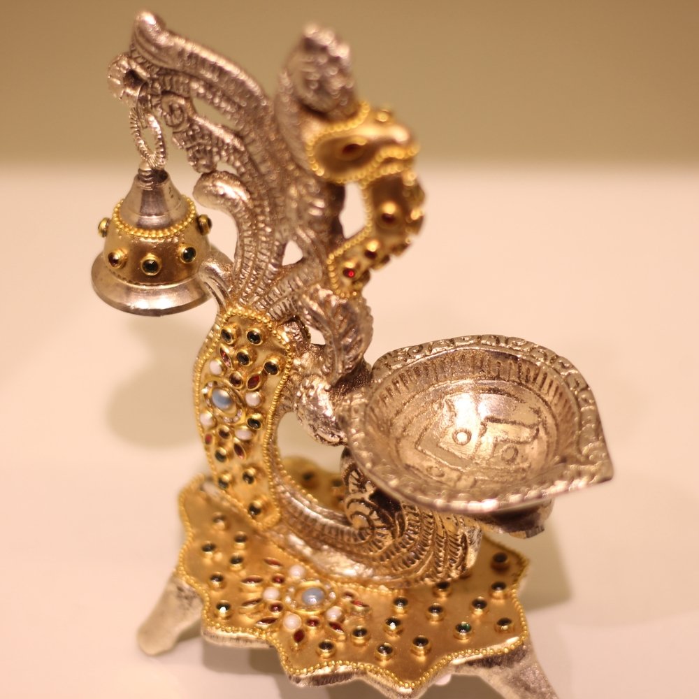 Double Ghanti Diya Golden Work – Decorative Peacock Diya Stand - Image 4
