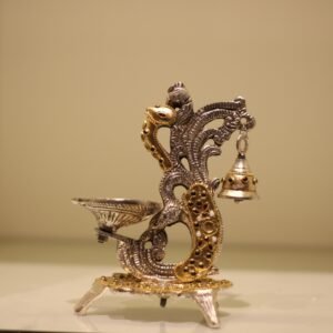 Double Ghanti Diya Golden Work β Decorative Peacock Diya Stand