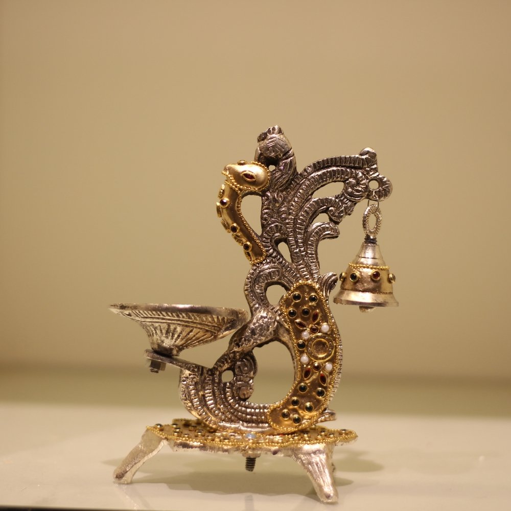 Double Ghanti Diya Golden Work – Decorative Peacock Diya Stand
