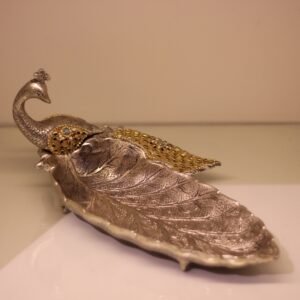 Peacock Plate Golden Work – Embossed Silver & Gold Peacock Decorative Bowl