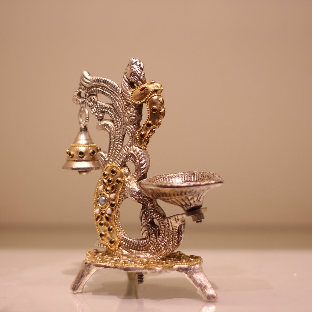 Double Ghanti Diya Golden Work – Decorative Peacock Diya Stand - Image 2