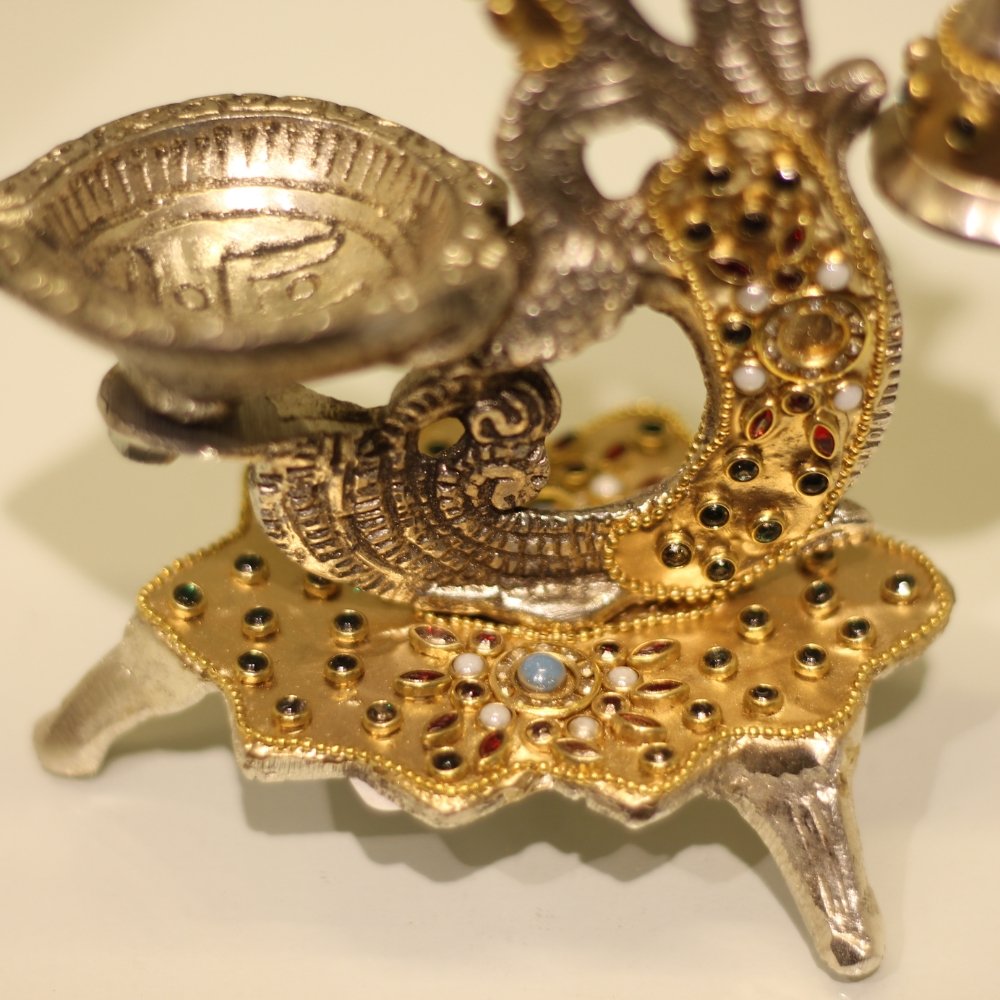 Double Ghanti Diya Golden Work – Decorative Peacock Diya Stand - Image 3
