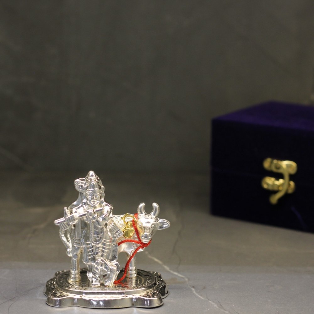 New Cow Krishna with Box – Silver Krishna Cow Decorative Idol - Image 3