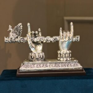 Radha Krishna Hand with Bansuri – Silver-Toned Decorative Krishna Flute Sculpture with Gift Box