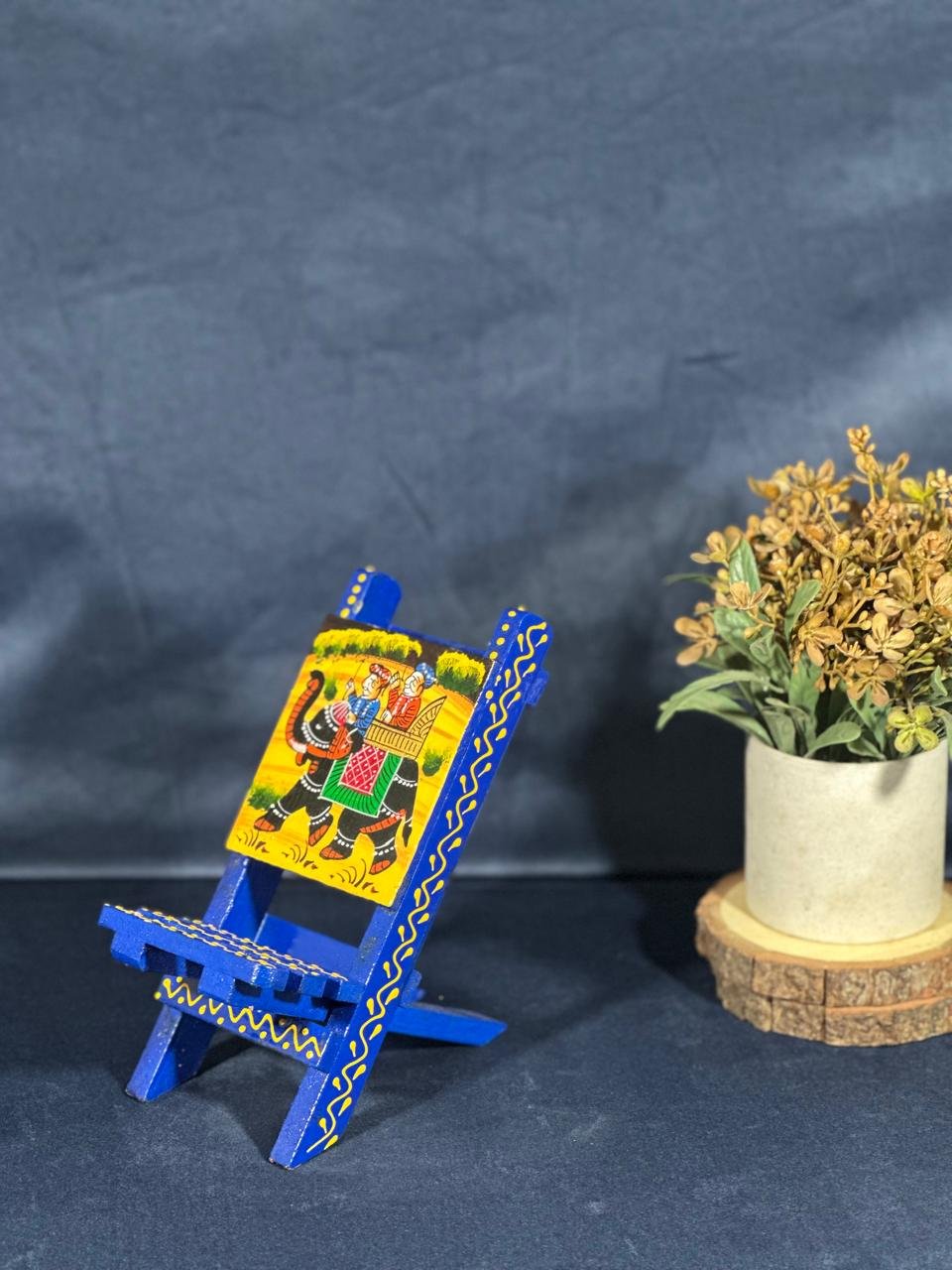Handcrafted Wooden Mobile Stand with Traditional Rajasthani Elephant Painting | Mini Wooden Chair Phone Holder - Image 2