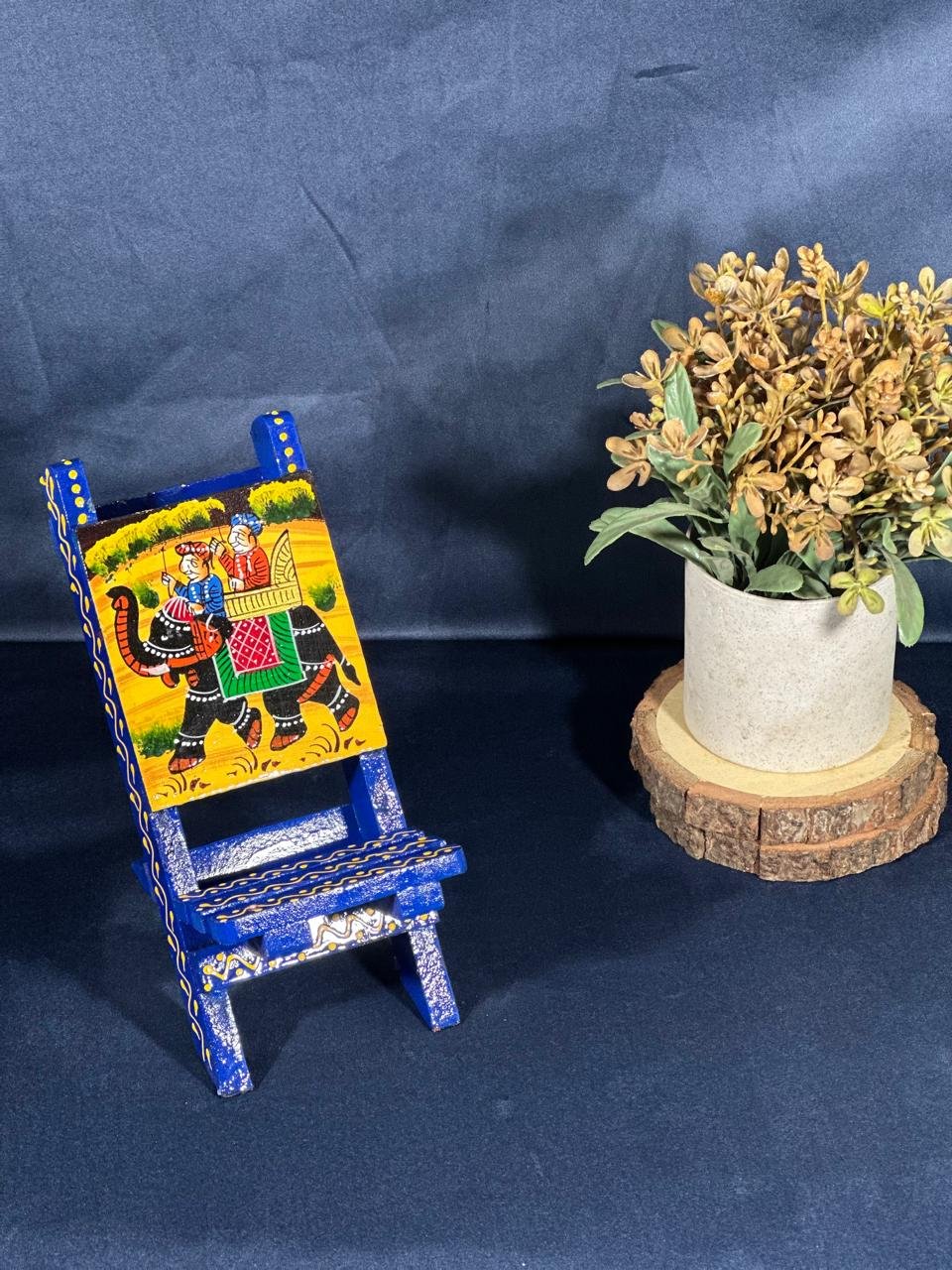 Handcrafted Wooden Mobile Stand with Traditional Rajasthani Elephant Painting | Mini Wooden Chair Phone Holder - Image 4
