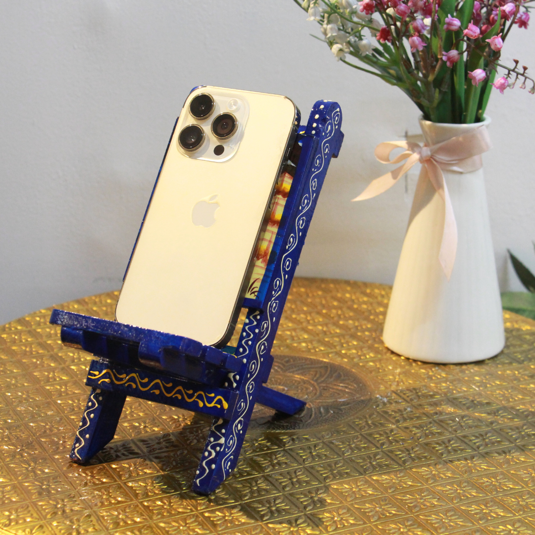 Handcrafted Wooden Mobile Stand with Traditional Rajasthani Elephant Painting | Mini Wooden Chair Phone Holder - Image 3