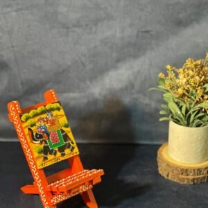 Handcrafted Wooden Mobile Stand with Traditional Rajasthani Elephant Painting | Mini Wooden Chair Phone Holder