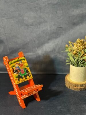 Handcrafted Wooden Mobile Stand with Traditional Rajasthani Elephant Painting | Mini Wooden Chair Phone Holder