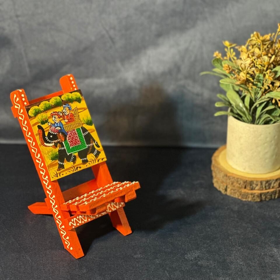 Handcrafted Wooden Mobile Stand with Traditional Rajasthani Elephant Painting | Mini Wooden Chair Phone Holder