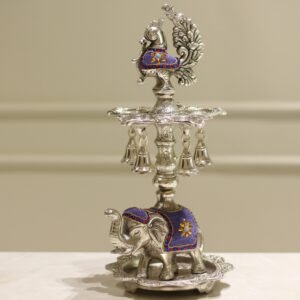 Elephant Samai Big Stone Work β Traditional Silver Decorative Diya Stand