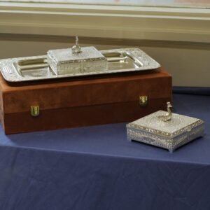 Square Peacock Bowl with Tray & Box – Decorative German Silver Peacock Dry Fruit & Serving Set