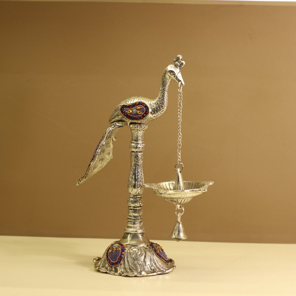 Peacock Bell Stand Purple | Traditional Metal Pooja Bell Stand for Home Temple