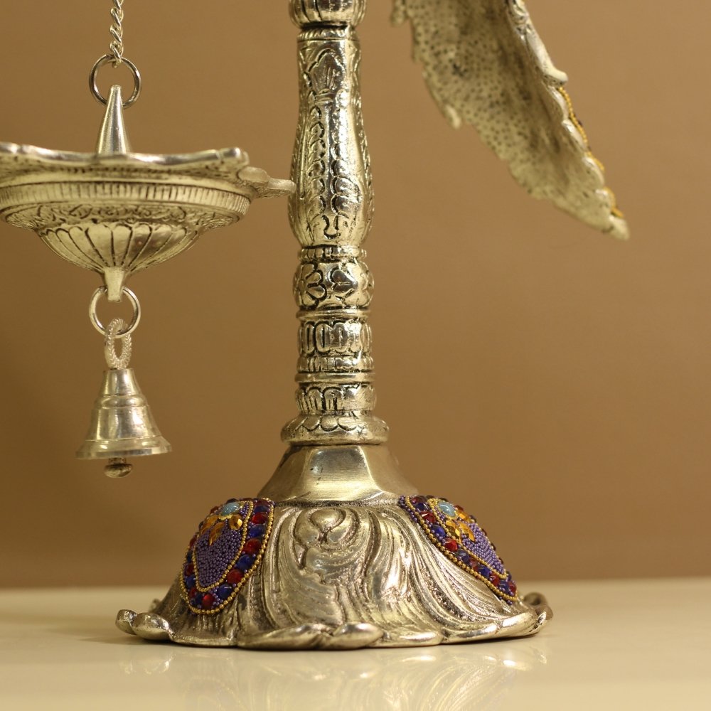 Peacock Bell Stand Purple | Traditional Metal Pooja Bell Stand for Home Temple - Image 4