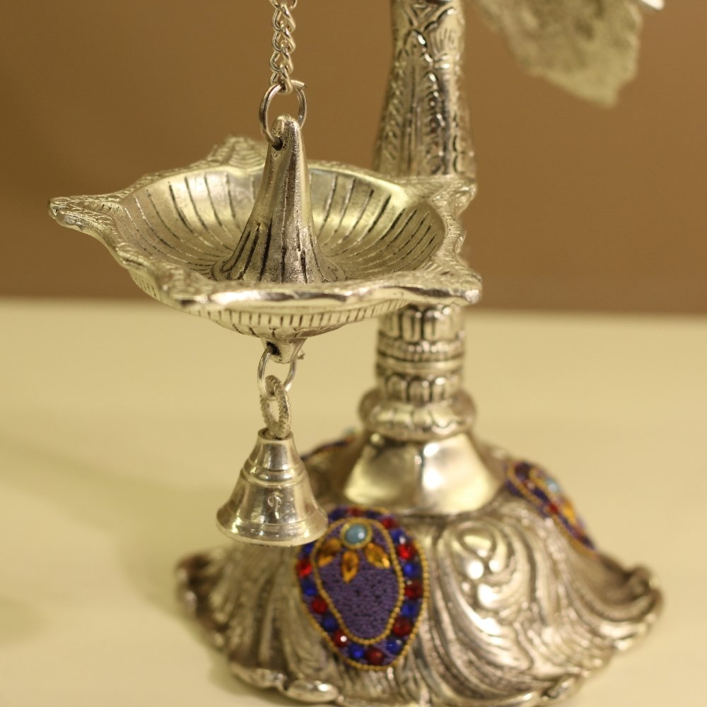 Peacock Bell Stand Purple | Traditional Metal Pooja Bell Stand for Home Temple - Image 2