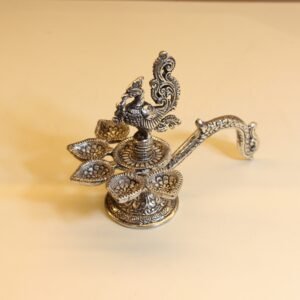 Peacock Handle 5 Diya – Traditional Decorative Metal Diya Stand