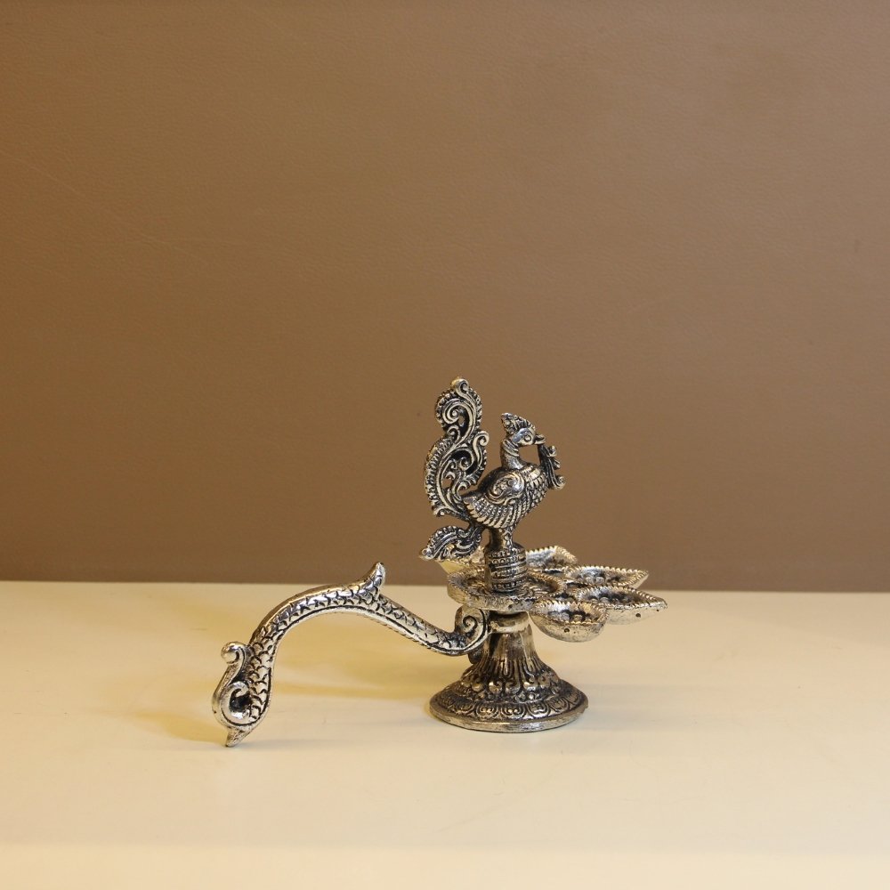 Peacock Handle 5 Diya – Traditional Decorative Metal Diya Stand - Image 2