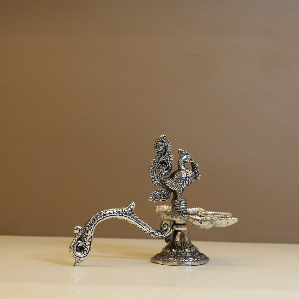 Peacock Handle 5 Diya – Traditional Decorative Metal Diya Stand - Image 4