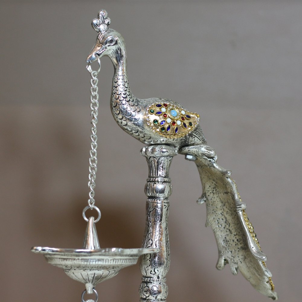 Peacock Bell Stand Purple | Traditional Metal Pooja Bell Stand for Home Temple - Image 5