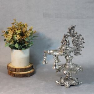 Peacock 3 Diya Ghanti Samai | Silver Finish Traditional Metal Oil Lamp for Pooja & Home Decor