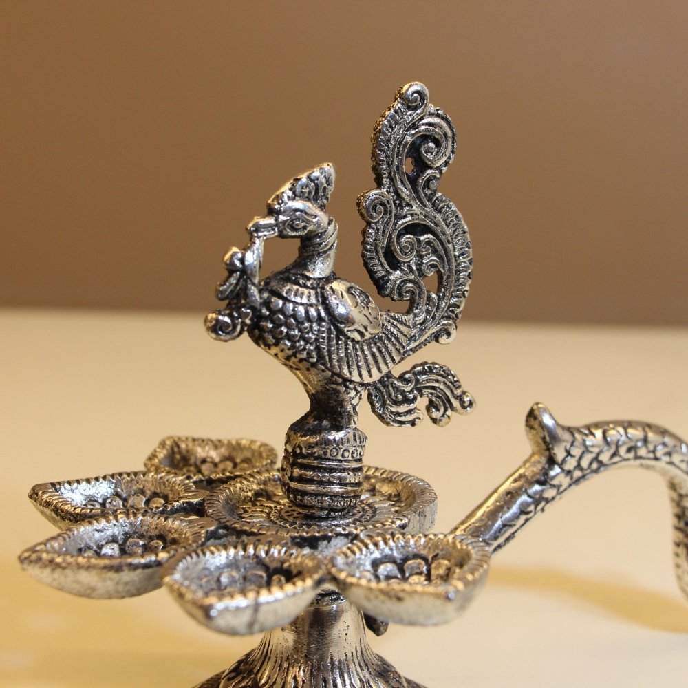Peacock Handle 5 Diya – Traditional Decorative Metal Diya Stand - Image 3