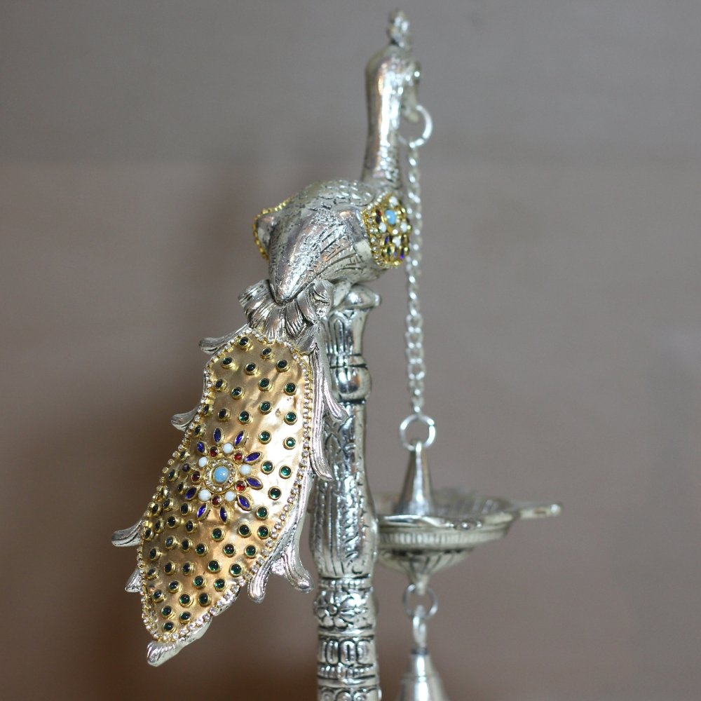 Peacock Bell Stand Purple | Traditional Metal Pooja Bell Stand for Home Temple - Image 6