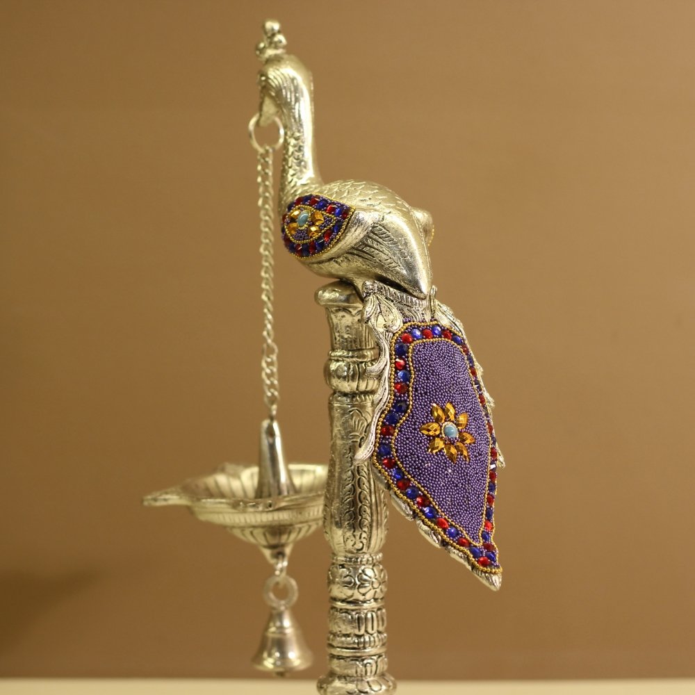 Peacock Bell Stand Purple | Traditional Metal Pooja Bell Stand for Home Temple - Image 3